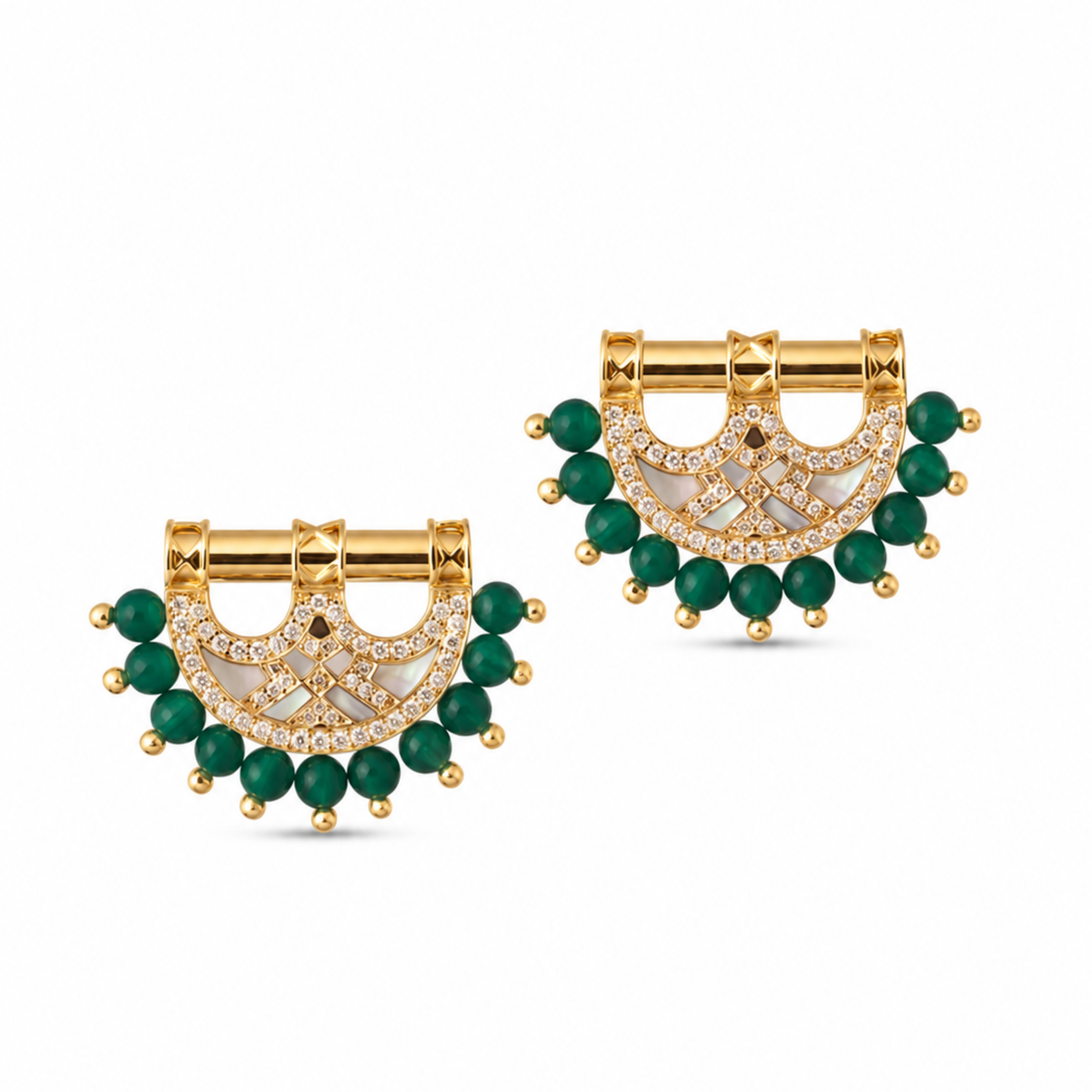 Heritage Mother of Pearl Earrings- Malachite Yellow Gold