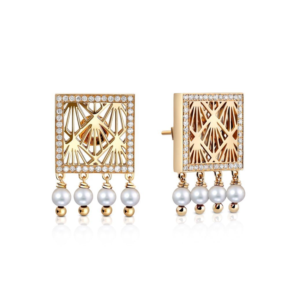 Lace Square Earrings in Pearl#Gold_Yellow Gold