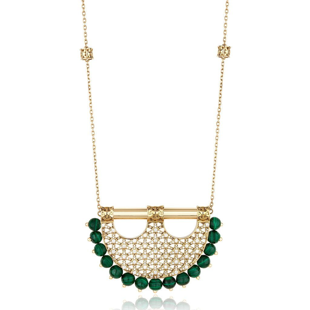 Al Noor Heritage Malachite Pendant in Large Model - Misk Dubai,Necklaces, al-noor-malachite-pendant-in-maxi-model, , Misk Dubai,  Misk, Misk Jewellery, Misk Jewelry, Gold, Emirati Gold, Emirati Design, Jewelry Emirati, Saudi Jewelry, Gold Saudi Arabia, Dubai, Abu Dhabi, Saudi Arabia, KSA, UAE, United Arab Emirates, 18kt, مجوهرات , مجوهرات مسك, مجوهرات اماراتية , دهب , سعودية ذهب