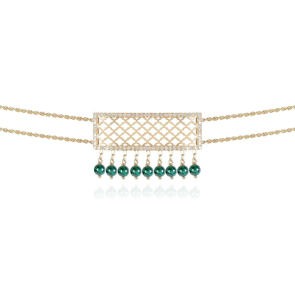 Al Noor Lace Choker in Malachite - Misk Dubai,Necklaces, al-noor-heritage-choker-in-malachite-1, , Misk Dubai,  Misk, Misk Jewellery, Misk Jewelry, Gold, Emirati Gold, Emirati Design, Jewelry Emirati, Saudi Jewelry, Gold Saudi Arabia, Dubai, Abu Dhabi, Saudi Arabia, KSA, UAE, United Arab Emirates, 18kt, مجوهرات , مجوهرات مسك, مجوهرات اماراتية , دهب , سعودية ذهب