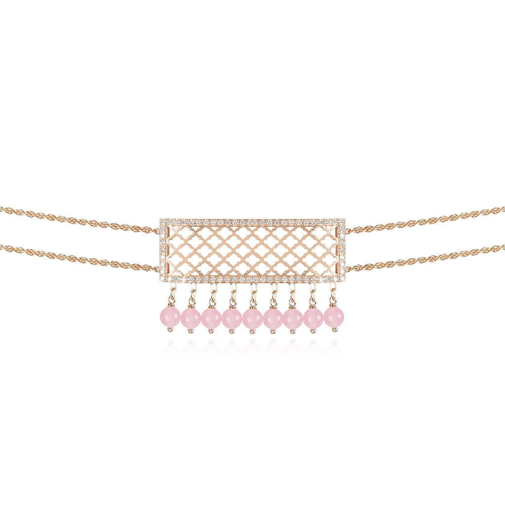 Al Noor Lace Choker in Rose quartz - Misk Dubai,Necklaces, al-noor-heritage-choker-in-rose-quartz, , Misk Dubai,  Misk, Misk Jewellery, Misk Jewelry, Gold, Emirati Gold, Emirati Design, Jewelry Emirati, Saudi Jewelry, Gold Saudi Arabia, Dubai, Abu Dhabi, Saudi Arabia, KSA, UAE, United Arab Emirates, 18kt, مجوهرات , مجوهرات مسك, مجوهرات اماراتية , دهب , سعودية ذهب