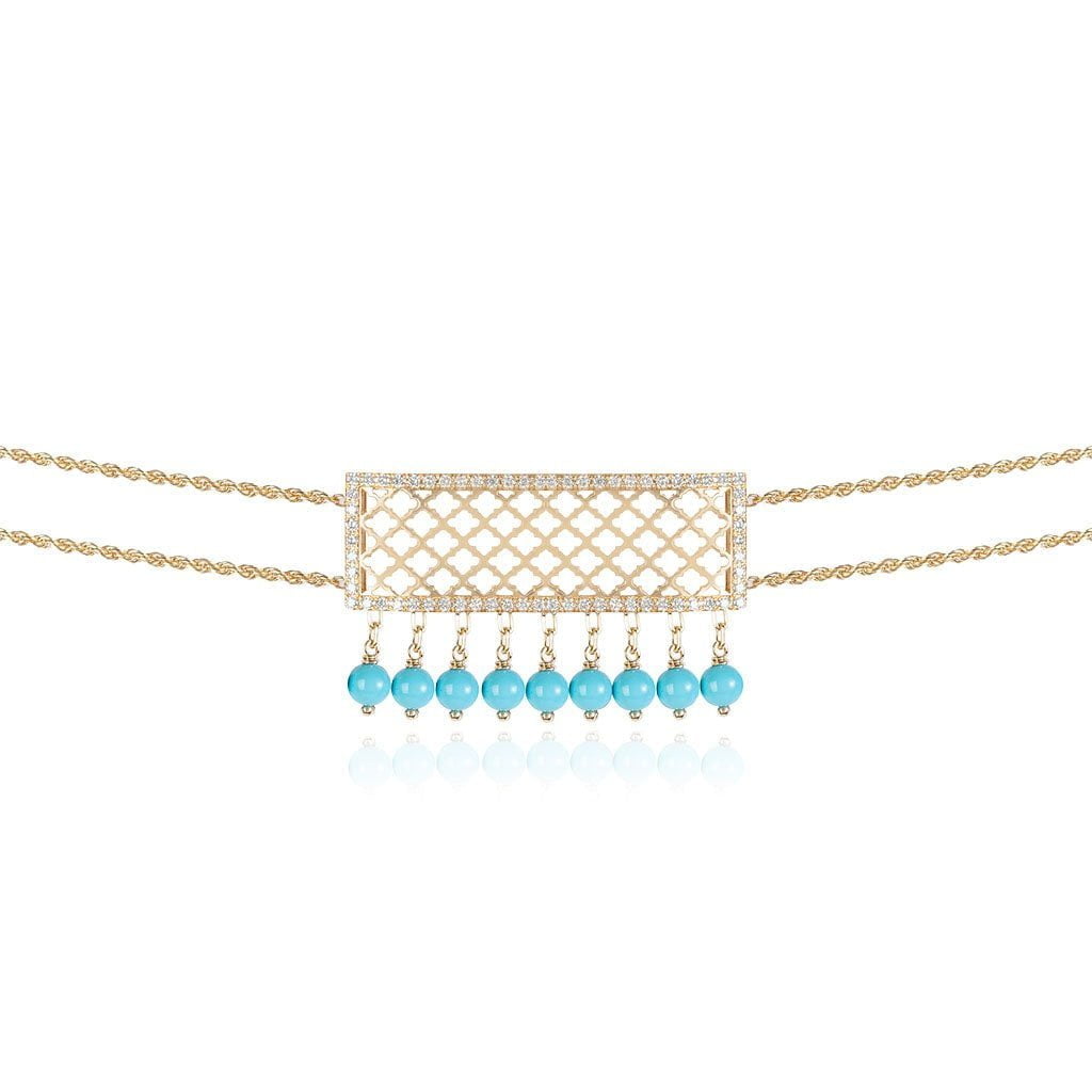Al Noor Lace Choker in Turquoise - Misk Dubai,Necklaces, al-noor-heritage-choker-in-turquoise, , Misk Dubai,  Misk, Misk Jewellery, Misk Jewelry, Gold, Emirati Gold, Emirati Design, Jewelry Emirati, Saudi Jewelry, Gold Saudi Arabia, Dubai, Abu Dhabi, Saudi Arabia, KSA, UAE, United Arab Emirates, 18kt, مجوهرات , مجوهرات مسك, مجوهرات اماراتية , دهب , سعودية ذهب