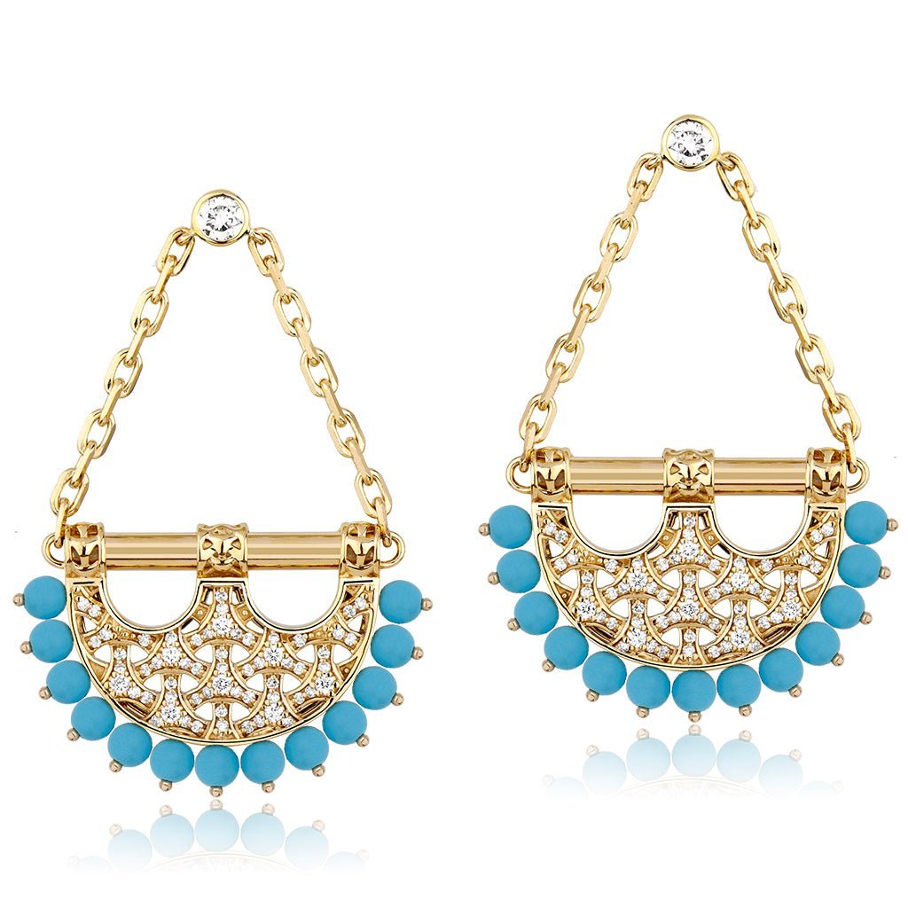 Al Noor Heritage Chandelier in Turquoise - Misk Dubai,Earrings, al-noor-heritage-chandelier-in-turquoise-1, , Misk Dubai,  Misk, Misk Jewellery, Misk Jewelry, Gold, Emirati Gold, Emirati Design, Jewelry Emirati, Saudi Jewelry, Gold Saudi Arabia, Dubai, Abu Dhabi, Saudi Arabia, KSA, UAE, United Arab Emirates, 18kt, مجوهرات , مجوهرات مسك, مجوهرات اماراتية , دهب , سعودية ذهب