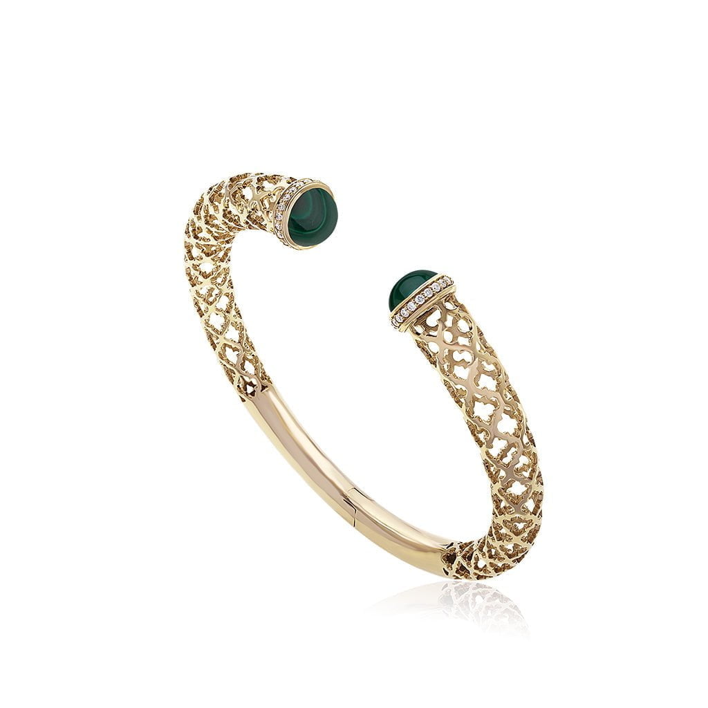 Al Noor Lace Hoop Bangle in Malachite - Misk Dubai,Bangles, al-noor-lace-hoop-bangle-in-malachite, , Misk Dubai,  Misk, Misk Jewellery, Misk Jewelry, Gold, Emirati Gold, Emirati Design, Jewelry Emirati, Saudi Jewelry, Gold Saudi Arabia, Dubai, Abu Dhabi, Saudi Arabia, KSA, UAE, United Arab Emirates, 18kt, مجوهرات , مجوهرات مسك, مجوهرات اماراتية , دهب , سعودية ذهب