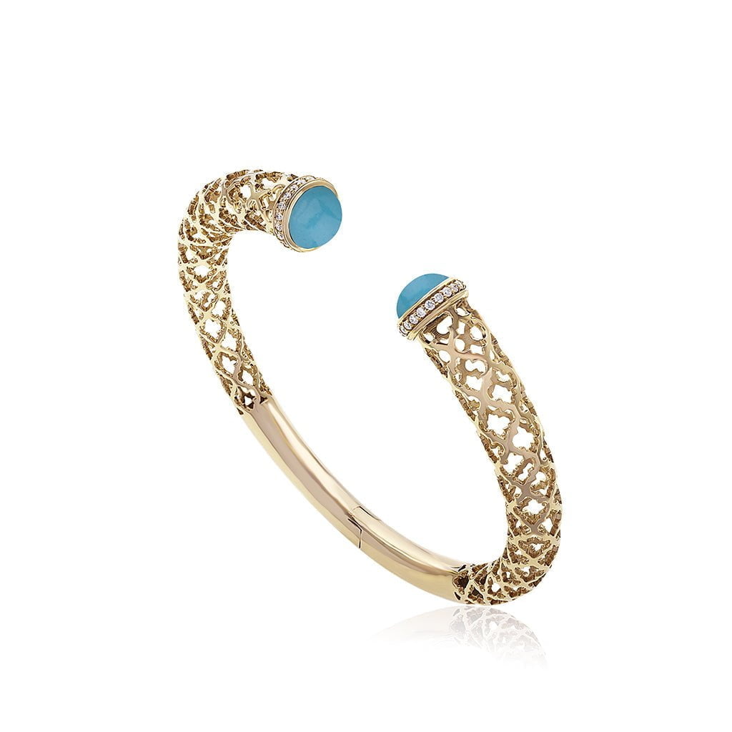 Al Noor Lace Hoop Bangle in Turquoise - Misk Dubai,Bangles, al-noor-lace-hoop-bangle-in-turquoise, , Misk Dubai,  Misk, Misk Jewellery, Misk Jewelry, Gold, Emirati Gold, Emirati Design, Jewelry Emirati, Saudi Jewelry, Gold Saudi Arabia, Dubai, Abu Dhabi, Saudi Arabia, KSA, UAE, United Arab Emirates, 18kt, مجوهرات , مجوهرات مسك, مجوهرات اماراتية , دهب , سعودية ذهب
