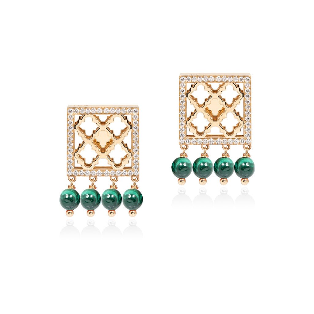 Al Noor Lace Mini Square Earrings in Malachite - Misk Dubai,Earrings, al-noor-lace-mini-square-earrings-in-malachite, , Misk Dubai,  Misk, Misk Jewellery, Misk Jewelry, Gold, Emirati Gold, Emirati Design, Jewelry Emirati, Saudi Jewelry, Gold Saudi Arabia, Dubai, Abu Dhabi, Saudi Arabia, KSA, UAE, United Arab Emirates, 18kt, مجوهرات , مجوهرات مسك, مجوهرات اماراتية , دهب , سعودية ذهب