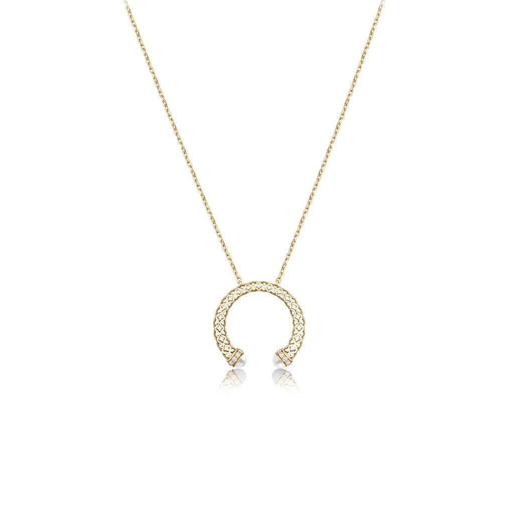 Al Noor Lace Hoop Pendant in Pearl - Misk Dubai,Necklaces, al-noor-lace-hoop-pendant-in-pearl, , Misk Dubai,  Misk, Misk Jewellery, Misk Jewelry, Gold, Emirati Gold, Emirati Design, Jewelry Emirati, Saudi Jewelry, Gold Saudi Arabia, Dubai, Abu Dhabi, Saudi Arabia, KSA, UAE, United Arab Emirates, 18kt, مجوهرات , مجوهرات مسك, مجوهرات اماراتية , دهب , سعودية ذهب