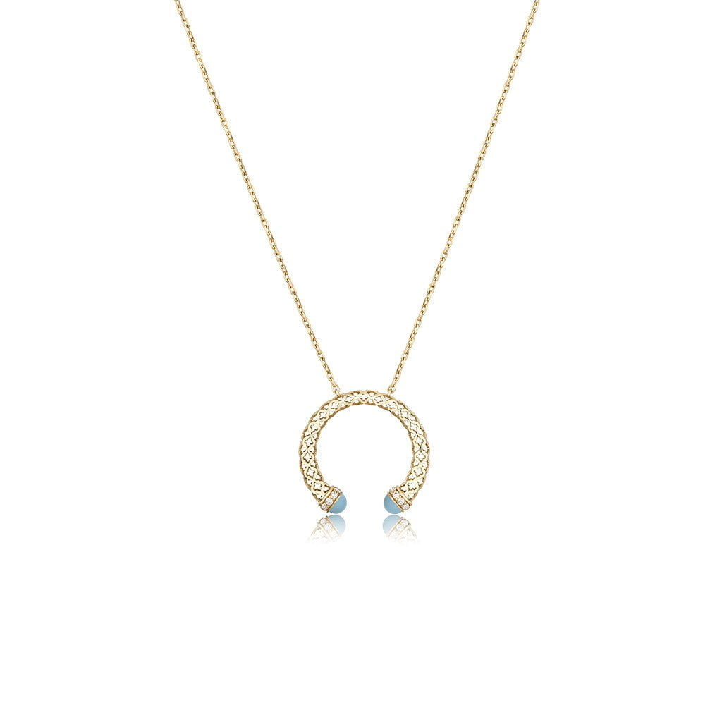 Al Noor Lace Hoop Pendant in Turquoise - Misk Dubai,Necklaces, al-noor-lace-hoop-pendant-in-turquoise, , Misk Dubai,  Misk, Misk Jewellery, Misk Jewelry, Gold, Emirati Gold, Emirati Design, Jewelry Emirati, Saudi Jewelry, Gold Saudi Arabia, Dubai, Abu Dhabi, Saudi Arabia, KSA, UAE, United Arab Emirates, 18kt, مجوهرات , مجوهرات مسك, مجوهرات اماراتية , دهب , سعودية ذهب
